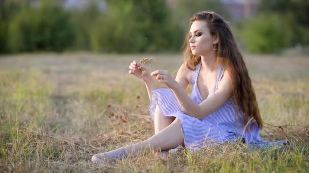 Sad, but very beauftiful woman is peacefully sitting in the field holding some wildflowers and giving some thoughts to life — Stock Video