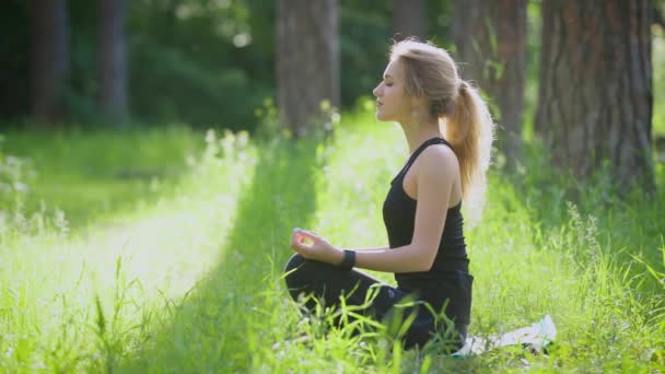 Vrouw doet yoga buiten in het park. Ze zitten op lotus pose. — Stockvideo