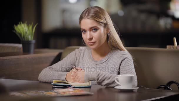 Mujer de negocios confiada escribiendo en planificador diario mientras posa en la cafetería — Vídeos de Stock