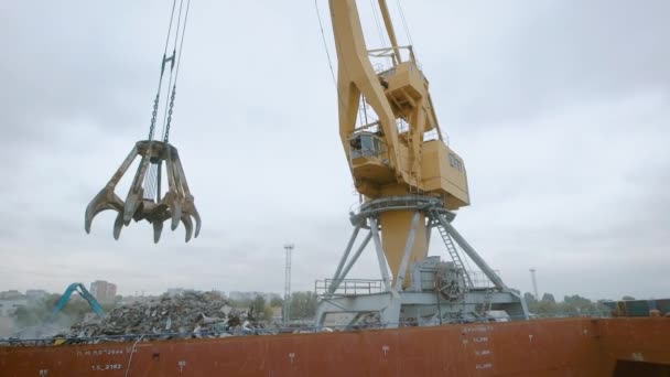 Złapał wiadro dźwig do recyklingu odpadów metalowych. — Wideo stockowe