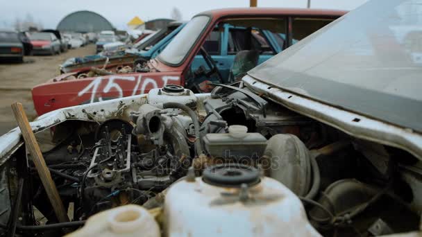 Fila de coches destrozados en el depósito de chatarra enorme — Vídeos de Stock