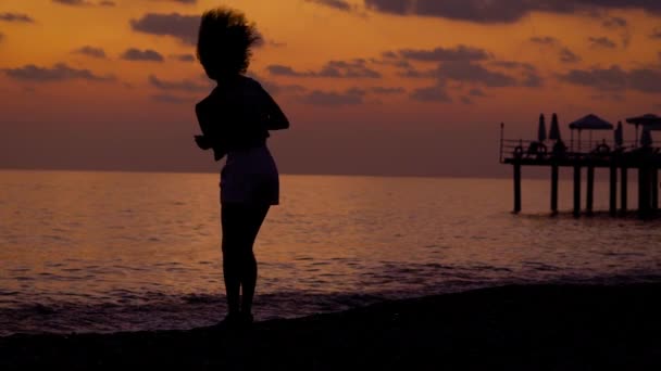 Silhouette einer tanzenden Frau am Ufer des Ozeans bei Sonnenuntergang — Stockvideo