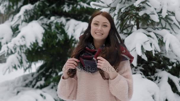 Ritratto di una donna felice che cammina con i capelli nella foresta invernale, la signora posa accanto a un albero innevato — Video Stock