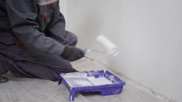 Ein professioneller Bauunternehmer wirft eine Walze in einen Behälter mit Farbe, um die Farbe der Wände zu ändern und Reparaturen durchzuführen — Stockvideo