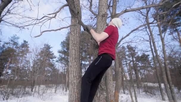 Silny, sportowy, młody człowiek jest podciąganie się na gałęzi drzewa nago w parku zimowym w ciągu dnia, podnoszenie nogi — Wideo stockowe