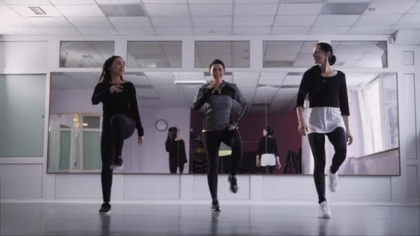 Радісні дорослі жінки танцюють у тренувальному залі, роблячи фізичні вправи в танцювальному ритмі — стокове відео