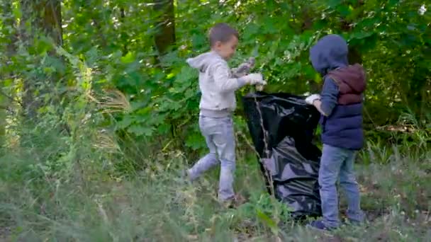Niños niños niños están poniendo basura del bosque dentro de la bolsa de plástico negro, limpieza del territorio conjunto — Vídeos de Stock