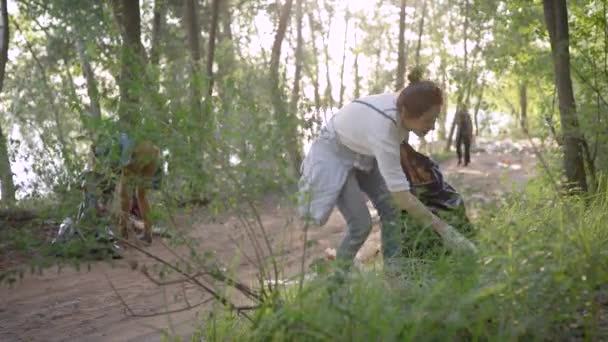 Frauen sammeln an Sommertagen Müll im Wald, freiwillige Umweltbewegung für die Pflege der Natur — Stockvideo