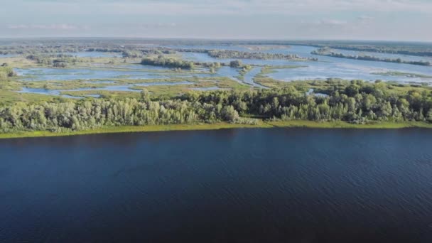 Vista panoramica aerea di incredibile paesaggio calmo con prato alluvionale vicino al fiume in primavera giorno di sole — Video Stock