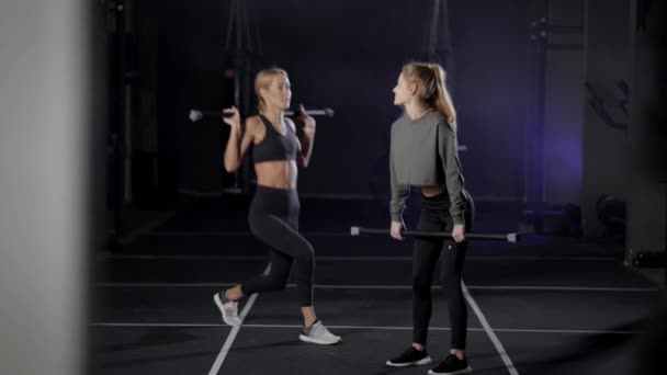 Duas loiras lindas no ginásio. As meninas realizam exercícios com peso leve. É importante monitorar a saúde e a figura . — Vídeo de Stock