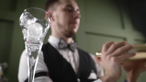 Bartender profesional menggoyangkan pengocok. Memasak koktail dengan mencampur dan membisikkan bahan . — Stok Video