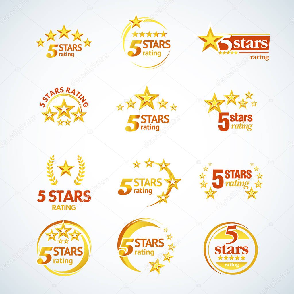 Golden Five stars round logo template set. Isolated Vector illustration