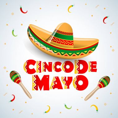 Cinco de Mayo emblem design with lettering, sombrero and maracas - symbols of holiday.  clipart