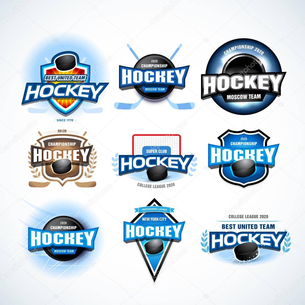 Hockey sport team logotype templates set. Hockey team logo template. Hockey emblem, logotype template, t-shirt apparel design. Sport badge for tournament or championship.