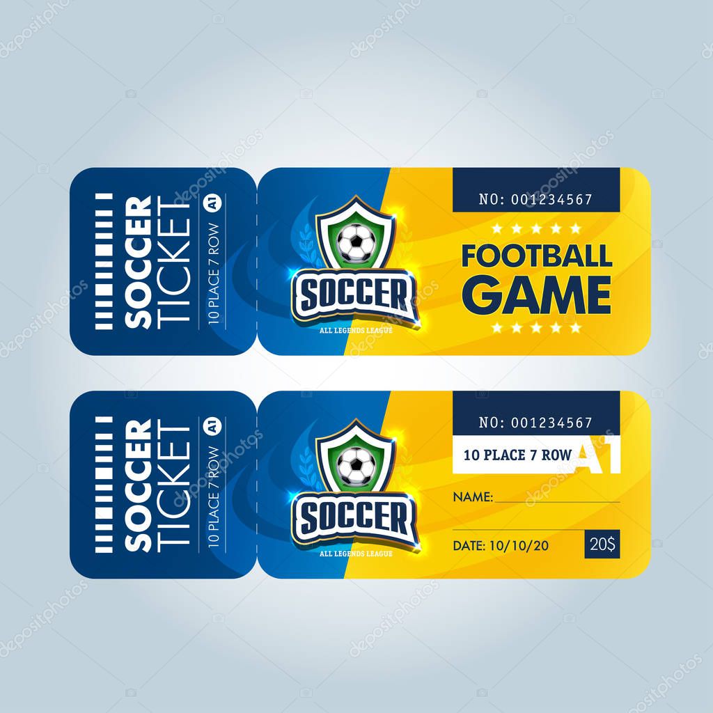 Two modern professional design of football tickets in blue and yellow theme.