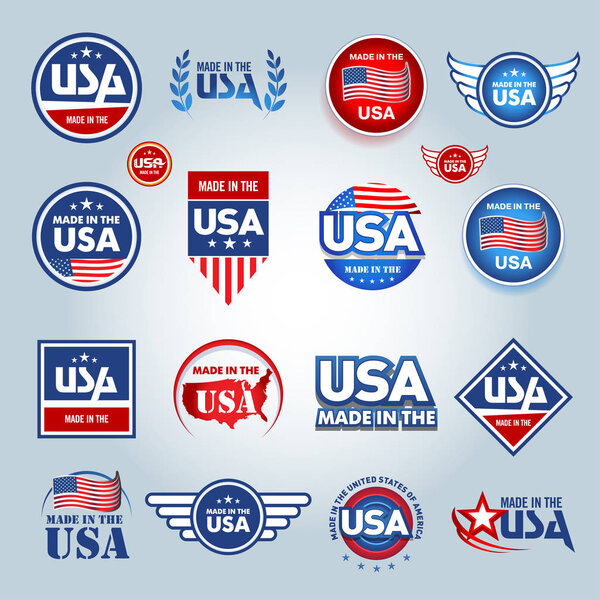 Made in the USA icons. American made. Set of vector icons, stamps, seals, banners, labels, logos, badges. Vector illustration.