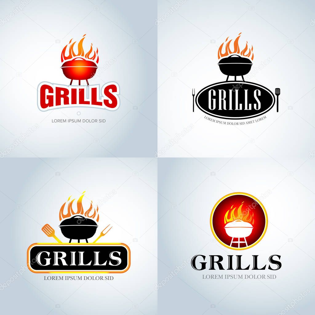 Barbecue Grill Design emblems set. Design Element for emblem, Label, Badge and other design. Fire flame vector illustration.