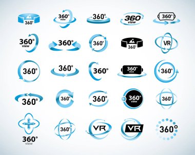 360 derece görünümü Vector Icons set. Sanal gerçeklik simgeler. İzole vektörel çizimler. Mavi renk versiyonu.