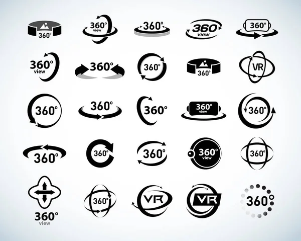 360 Derece Görünüm Vektör Simgeleri ayarlandı. Sanal gerçeklik simgeleri. İzole vektör çizimleri. Siyah beyaz versiyonu.