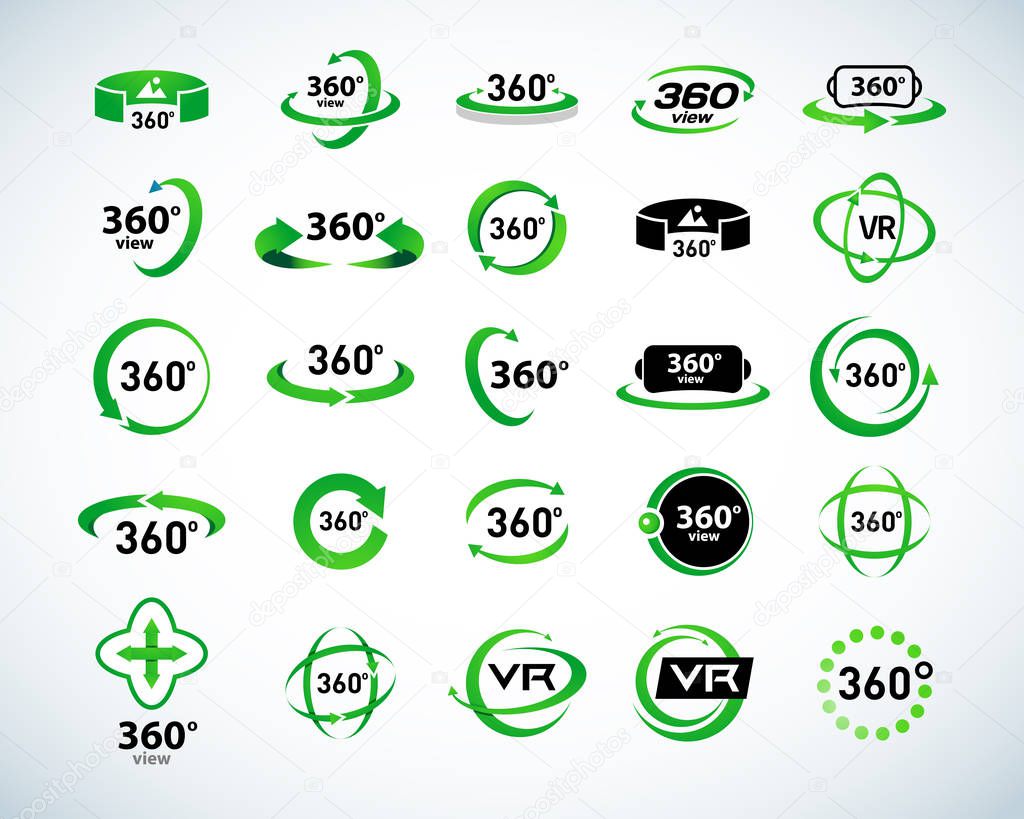 360 Degrees View Vector Icons set. Virtual reality icons. Isolated vector illustrations. Green Color version.