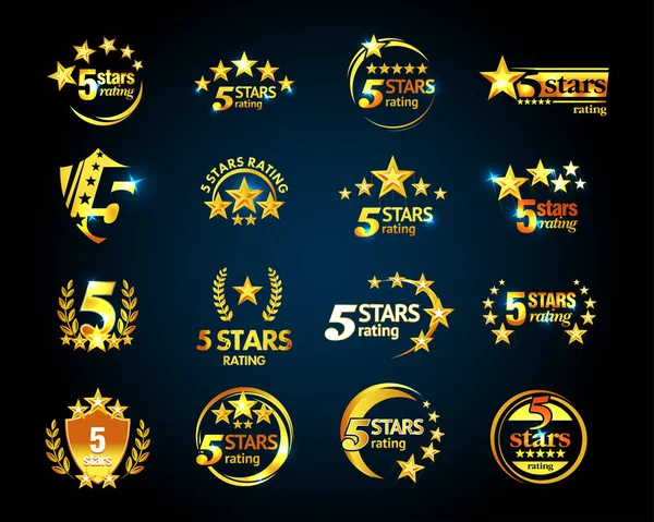 Lusso Golden Five Stelle Modello Logo Set Set Emblemi Valutazione — Vettoriale Stock