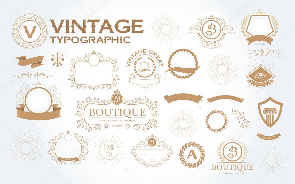 New Vintage typographic design elements set vector illustration. Labels and badges, retro ribbons, luxury ornate logo symbols, calligraphic swirls, flourishes ornament vignettes and other.