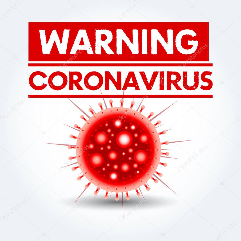 Warning sign caution coronavirus. Stop coronavirus. Coronavirus outbreak. Coronavirus danger and public health risk disease and flu outbreak. Pandemic medical concept with dangerous cells.Vector 