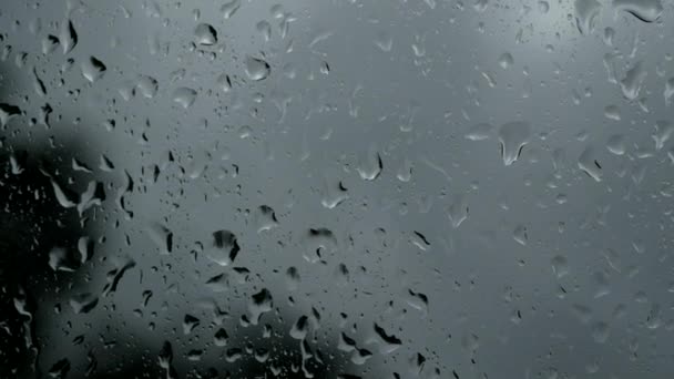 Dešťové kapky na povrchu okenních skel s kalným pozadím. Přirozený vzor kapek deště izolovaných na zamračeném pozadí. — Stock video