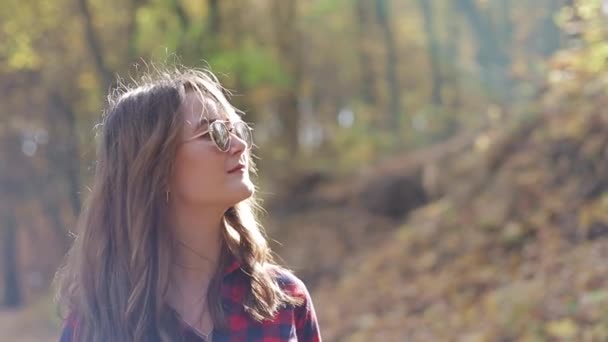 Genç bir kadın telefon kamerasında sonbahar yapraklarının fotoğrafını çekiyor. Parlak sarı yapraklar.. — Stok video