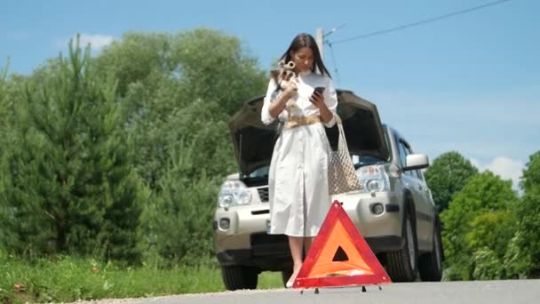 一个女人在路上求人帮忙 一个女人在路上车子抛锚的时候求人帮忙 — 图库视频影像
