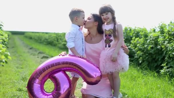 Joyeux Jeune Mère Avec Fille Son Fils Marchant Dans Champ — Video