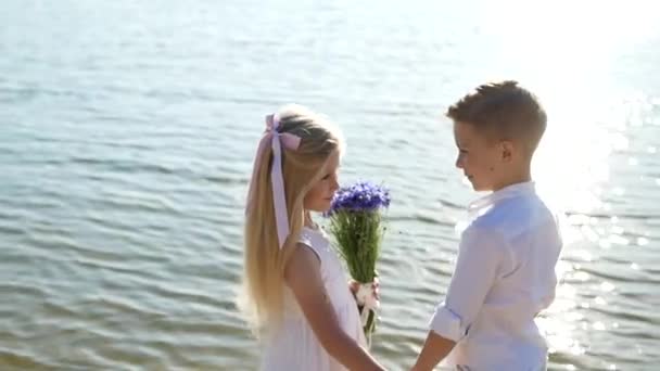 Geschwister Teich Einem Sonnigen Tag Glückliche Kinder Sommerferien Für Kinder — Stockvideo