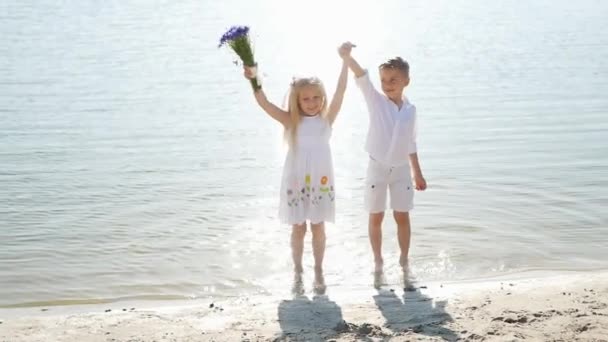 Irmão Irmã Lagoa Dia Ensolarado Crianças Felizes Férias Verão Para — Vídeo de Stock