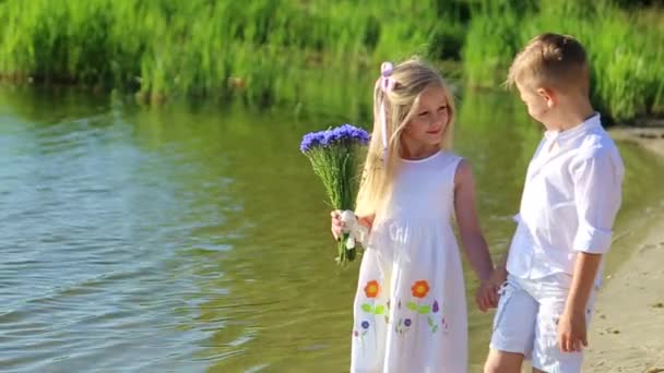 夏の日に湖を歩く男の子と女の子 幸せな子供たちは晴れた日に池の近くを歩く — ストック動画