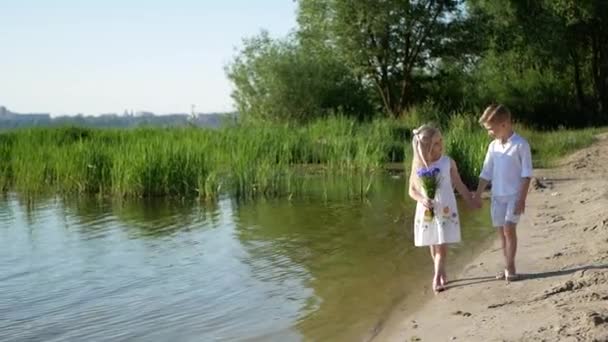 Chłopiec Dziewczyna Spacerujący Jeziorze Letni Dzień Szczęśliwe Dzieci Spacerują Pobliżu — Wideo stockowe
