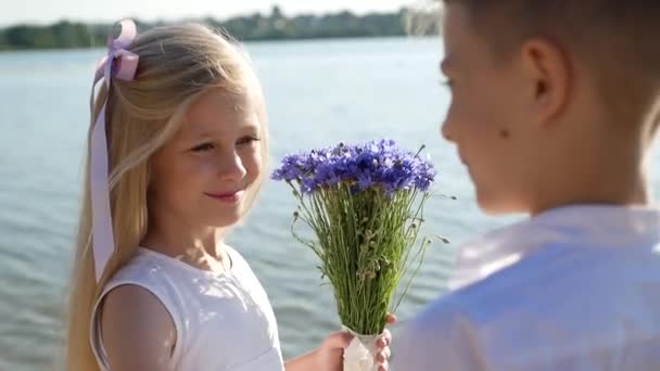 Chłopiec Dziewczyna Spacerujący Jeziorze Letni Dzień Szczęśliwe Dzieci Spacerują Pobliżu — Wideo stockowe