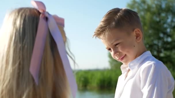 Boy Girl Walking Lake Summer Day Happy Children Walk Pond — Stock Video