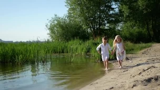 Garçon Fille Marchant Sur Lac Jour Été Les Enfants Heureux — Video