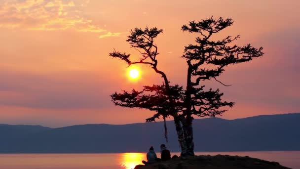 Ρομαντικό ζευγάρι, όμορφο ηλιοβασίλεμα στη λίμνη Βαϊκάλη — Αρχείο Βίντεο