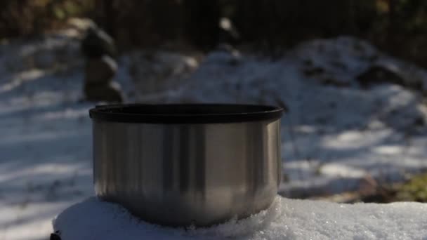 Mengukus secangkir teh panas atau kopi berdiri di atas salju di hutan . — Stok Video
