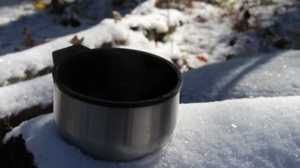 Tasse à vapeur de thé chaud ou de café debout sur la neige dans la forêt . — Video