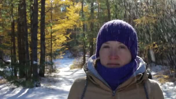 Nieve cae de los árboles en la cabeza de la niña en el bosque de invierno — Vídeo de stock