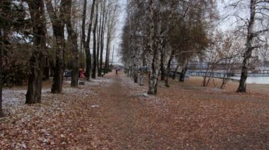 Sonbahar parkta soğuk bulutlu gün boyunca kaçan kız. Açık havada egzersiz kadın