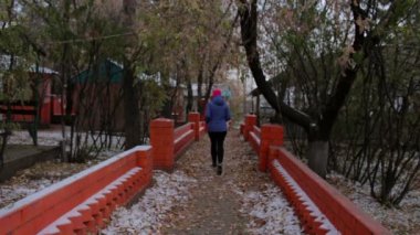 Sonbahar parkta soğuk bulutlu gün boyunca kaçan kız. Açık havada egzersiz kadın