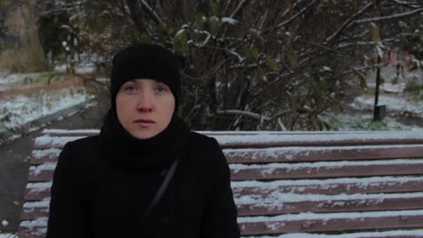 Retrato de una chica vestida de negro, sentada en un banco en el parque en invierno — Vídeos de Stock