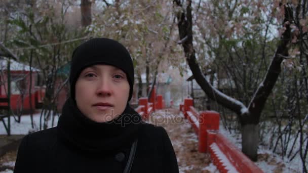Retrato de uma menina em um vestido preto no parque no inverno — Vídeo de Stock