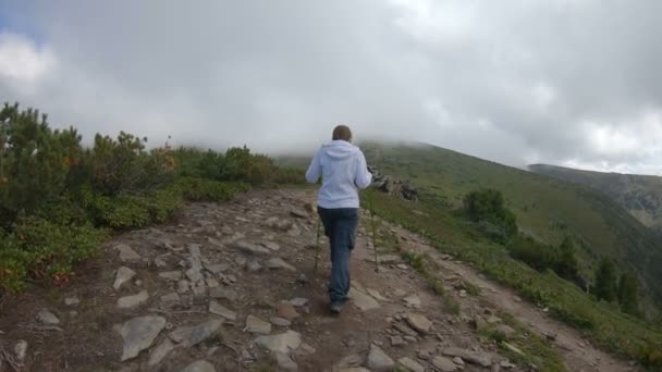 在多云的天气里，带着手杖爬山的女人 — 图库视频影像