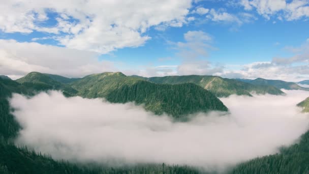 Vista aérea del hermoso valle rodeado de montañas y lleno de niebla — Vídeos de Stock