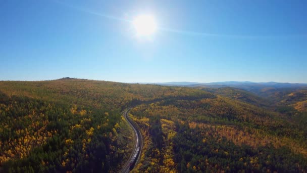 Flygfoto över det avgående tåget. Järnväg i skogen från fågelperspektiv — Stockvideo