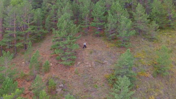 Повітряне стеження за дівчиною з рюкзаком, що йде по горах — стокове відео